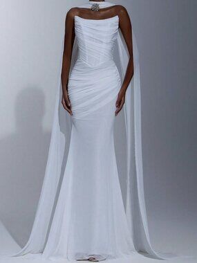 White Party Women's Elegant Strapless Pleated Fish Tail Maxi Wedding Dress